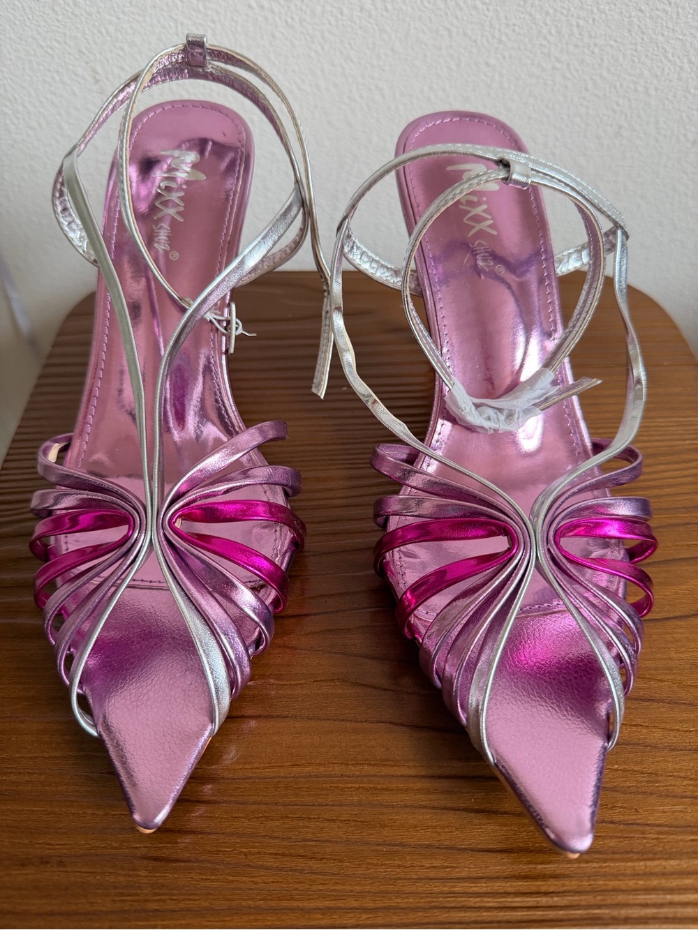 NEW! Mixx Shuz Silver & Pink Strappy Pointed-Toe Heels - Women's Fashion Sandals